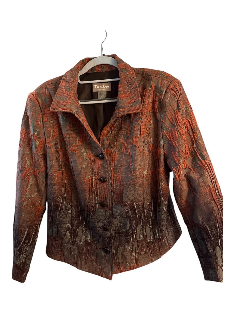TanJay Petites 14P Tapestry Jacquard Floral Art to Wear Blazer Jacket Rust Brown